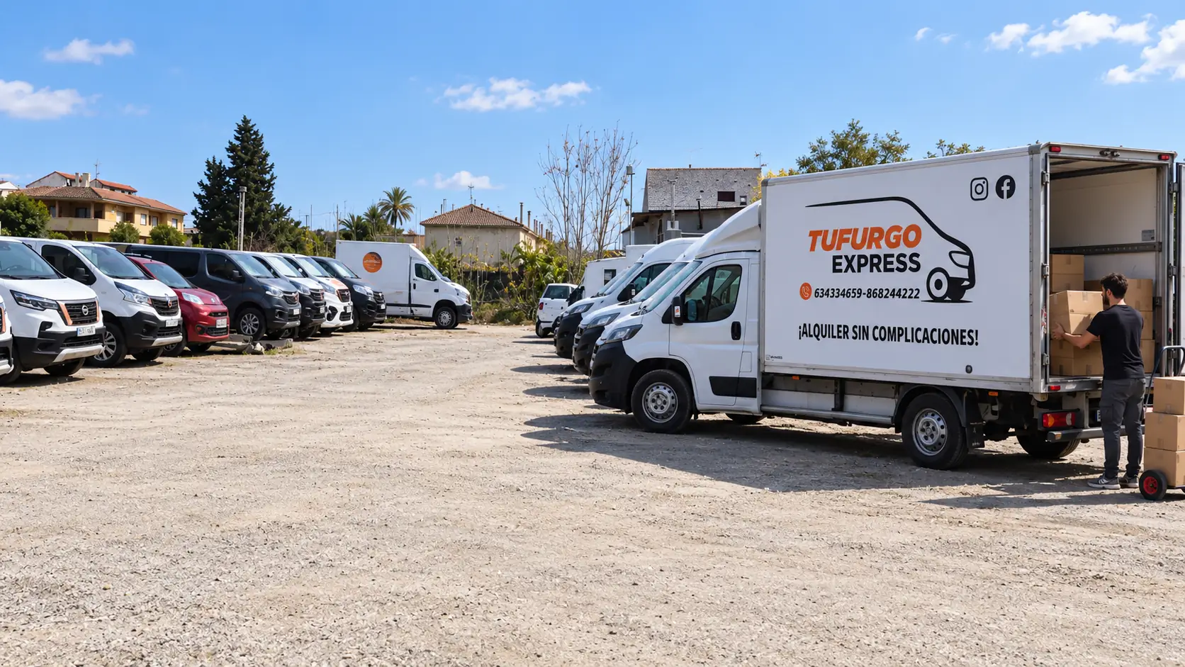 Recinto de Tufurgo Express en Murcia con furgonetas de alquiler y un cliente cargando cajas en un camión